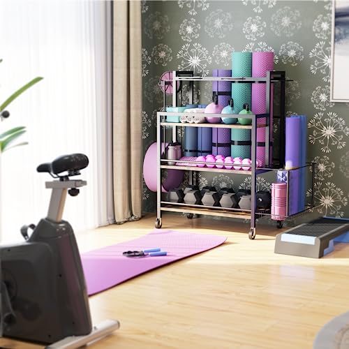 EasyCom Home Gym Storage Rack for Dumbbells, Kettlebells, Foam Roller, Weights - Yoga Mat Storage Rack - Yoga Mat Storage Cart with Wheels, Shelves, Hooks - Home Gym Storage Unit Equipment Organizer