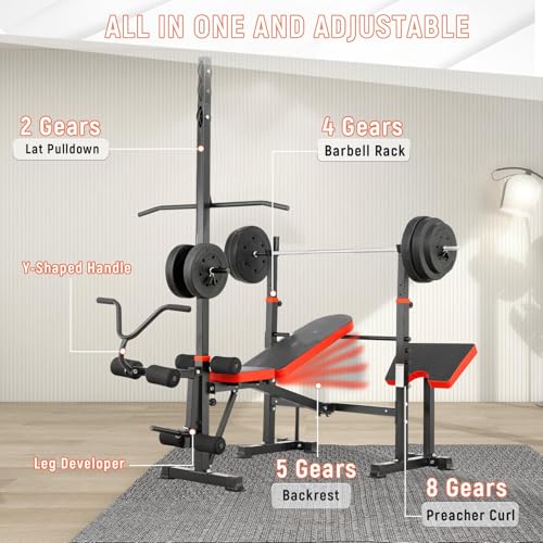 Foldable 1500LBS 8 IN 1 Olympic Weight Bench Set with Squat Rack, Leg Extension/Curl & Preacher Curl, Adjustable Bench Press Set with Safety Bar Catches for Home Gym Full Body Workout - color: ruby red