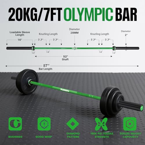 7FT Olympic Barbell 45lb,28MM 2 Inch Olympic Bar for No. 45 Steel,Olympic Weight Bars for Lifting,CrossFit,Bench Press,Deadlift,Squats,Strength Training bars - color: DarkGreen-500LBS