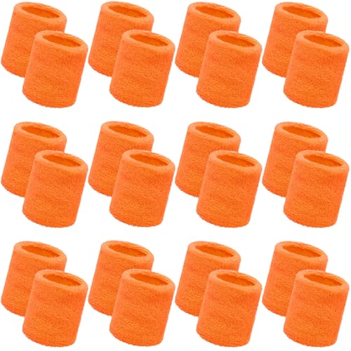 Bememo 24 Pcs Wrist Sweatbands Bulk Sports Wrist Bands for Men Women Breathable Athletic Tennis Wristbands Stretchy Absorbent Cotton Terry for Basketball, Baseball, Gym, Working Out - color: Orange
