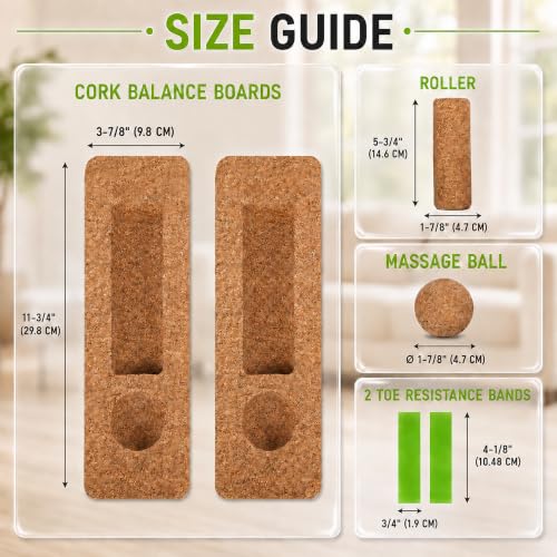 Cork Balance Board & Foot Roller Set, Ankle Strengthener for Yoga | Relieves plantar fascia tension, includes massage ball & toe resistance bands, built-in storage, physical therapy equipment
