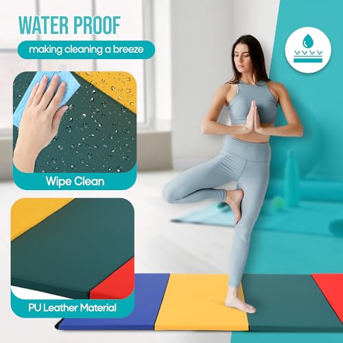 Gymnastics Mat - Tumbling & Exercise - 4 Folding - Indoor/Outdoor - Extra Thick - High Density - Yoga & Arts - color: Colorful