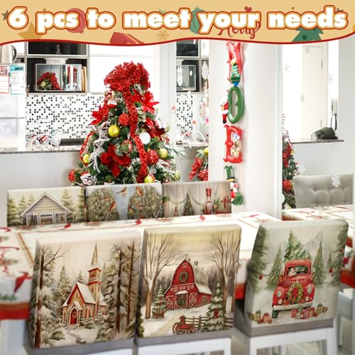 Moukeren 6 Pcs Christmas Chair Cover Set Stretch Dining Chair Back Covers Christmas Nutcracker Red Truck Slipcovers Farmhouse Removable Elastic Seat Protector for Xmas Party Dining Home Kitchen Decor - style: Traditional