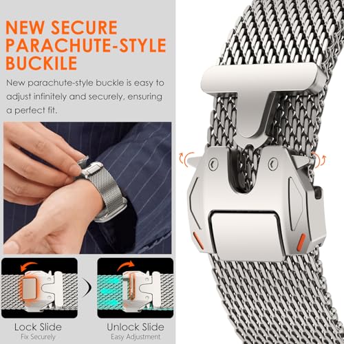 WINGLE Milanese Loop for Apple Watch Band Ultra 3/2/1 Band Ultra 49mm Series 11 10 46mm 45mm 44mm SE 3/2/1 Series 9 8 7 6 5 4 3 Men Women,Parachute-Style Buckle Stainless Steel Mesh Metal iWatch Bands - color: Natural