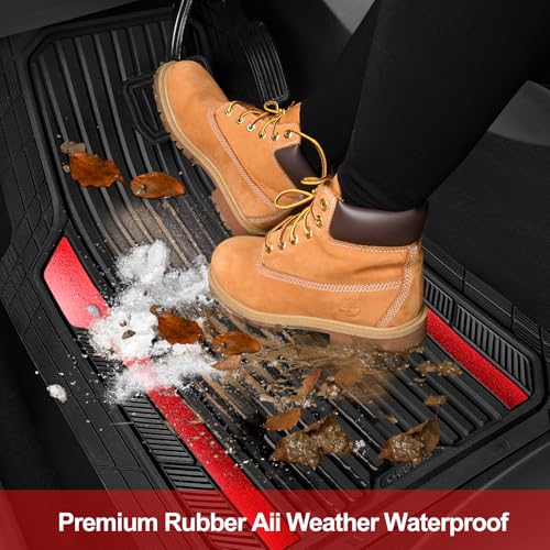 CAR PASS Heavy Duty Rubber Car Mats Metallic, Aluminum Film All Weather Floor Mats Waterproof Universal Trim to Fit Automotive SUV Sedan Van 4 Piece Anodized Deep Dish Two-Tone Sporty Black Red Chrome - color: BLack Red