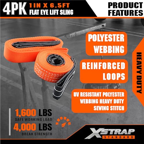 XSTRAP STANDARD 4PK 1"x6.5ft Lifting Sling Straps 2000 lb Vertical Capacity | 1600 lbs Choker / 4000 lbs Basket Capacity, 5:1 Safety Factor Polyester Web Slings for Rigging, Hoist, Tree Stump Removal - style: 4PK 1''x6.5ft
