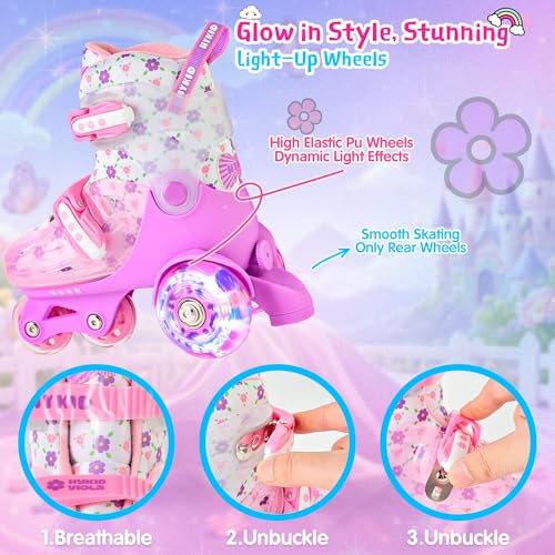 HYKID Toddler Roller Skates, 4 Adjustable Sizes, Fun Illuminating, Safety Three-Point Type, Breathable Upper, Beginners' Roller Skates for Girls Boys Kids - color: Charming Viola, size: Toddler (8C-10.5C)
