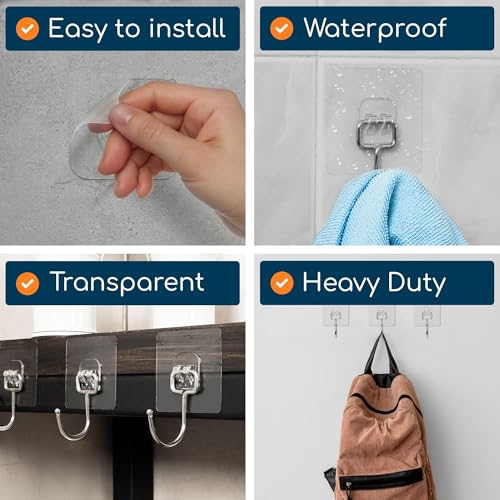 GLUIT Adhesive Large Wall Hooks for Hanging Heavy Duty 22 lbs Hooks for Walls No Drill, Towel Sticky Clear Hooks, Waterproof, Home, Bathroom, Kitchen, Office, and Outdoor 12 Pack - size: Large, 12 pcs