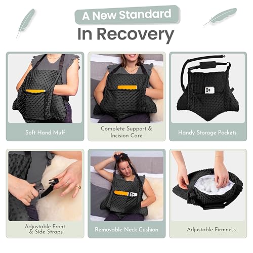 MOYOAMA Hysterectomy Pillow Post Surgery – Form-Fit Support Shield with Secure Straps, 2 Pockets, & Cozy Muff – After Hysterectomy Recovery Must-Haves, Post-Op C-Section Pillow Post Surgery Gifts - color: Charcoal Black