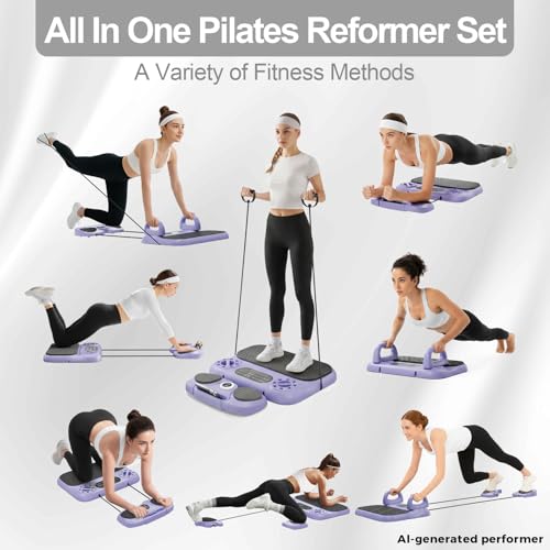 Multifuncional Pilates Board & Push Up System with Timer, Ab Wheel & Core Sliders, Portable Home Gym Kit with Resistance Ropes & Plank Support, Full Body Workout for Women & Men (Simulates Reformer)