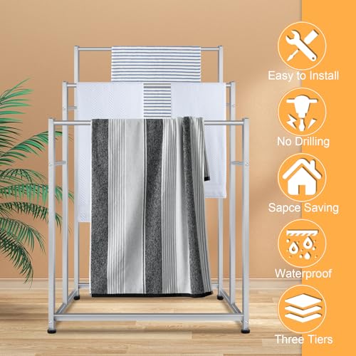 47.6 Inch Tall Free Standing Towel Racks 3 Tier Pool Towel Rack Outdoor Oversized Floor Bath Towel Drying Valet Holder Blanket Quilt Rack Stand for Bathroom Bedroom Beach Hot Tub Gym Pool Area Outside - color: Silver
