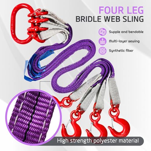 Four Leg Bridle Web Sling 5ft 6600lbs Lifting Slings with G80 Alloy Steel Grab Hooks and Adjuster Polyester Webbing Purple Rigging Straps for Safe Towing and Handling of Cargo - size: 6600 lb / 5 ft