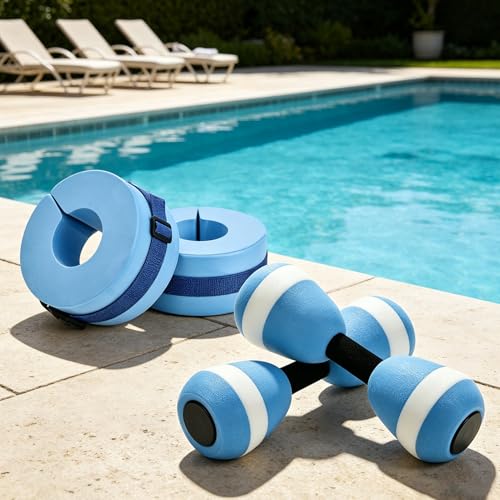4 Pcs Water Aerobics Set for Aquatic Exercise, 2 Foam Water Dumbbells & 2 Aquatic Cuffs, Pool Resistance Weights Fitness Equipment, Ankle Arm Swim Weights for Water Workouts & Training
