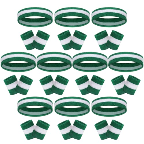30 Pcs Sweatbands Wristbands Set Absorbent Terry Cloth Headbands Wristbands Neon Color Striped 80s Athletic Sweatbands for Sports Gym Exercise - color: Green White Stripe