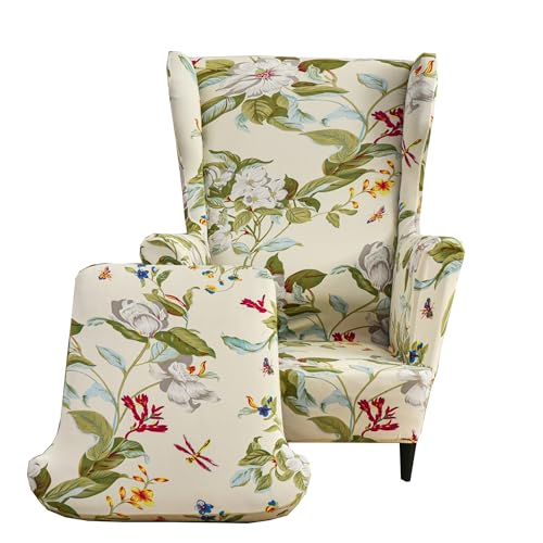 CRFATOP 2 Piece Stretch Wingback Chair Cover Printed Wing Chair Slipcovers Spandex Fabric Wingback Armchair Covers with Elastic Bottom for Living Room Bedroom Wingback Chair (06) - color: Color 06