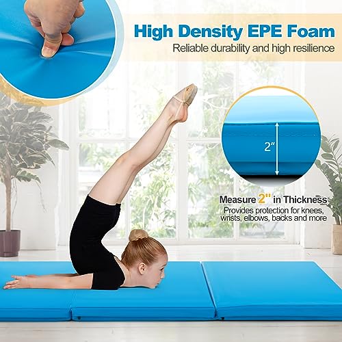 Goplus Folding Gymnastics Mat, 6’ x 2’ x 2’’ Thick Tri-Fold Exercise Tumbling Mat w/Carrying Handles, Hook & Loop Fastener, Gym mats for Home Fitness Yoga Aerobics Workouts Martial Arts - color: Blue