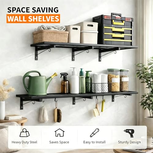 2-Pack Garage Wall Shelving, 46" × 12" Wall Mounted Floating Shelf, Heavy Duty Shelves 360 LBS Load Capacity, Black Storage Rack for Basement, Shop, Shed, Closet, Laundry Room - style: 2 PACK