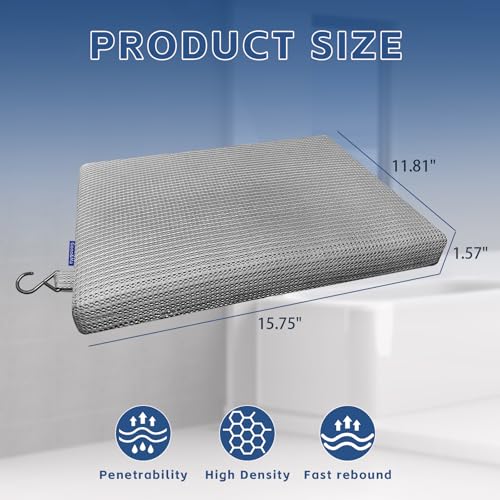 Gooo&Ma Shower Cushion, Non-Slip Air Fiber Bath Pad, Grey | Waterproof, 3D mesh quick-dry, hook, for shower bench/chair, elderly & pregnancy, 16"x12"x2", washable - color: Gray