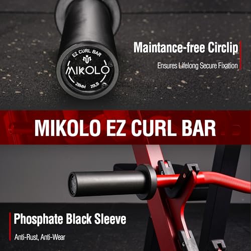Mikolo EZ Curl Bar, 2 Inch Olympic Curl Bar for Biceps and Triceps, 47” Curling Bar with Knurled Grip, 700LB Barbell Bar with Multi-Angle Wrist-Friendly Design - color: Red - EZ Curl Bar - Bar Only
