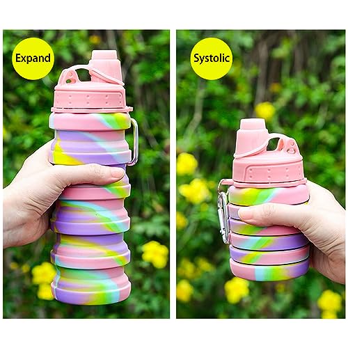 Collapsible Water Bottles Travel water bottle Sports Portable Sport Water Bottle Reusable Water Bottles comes with mountaineering Buckle 500ml silicone Water-proof camping water bottle - color: Pink+Grey, style: 2 pack