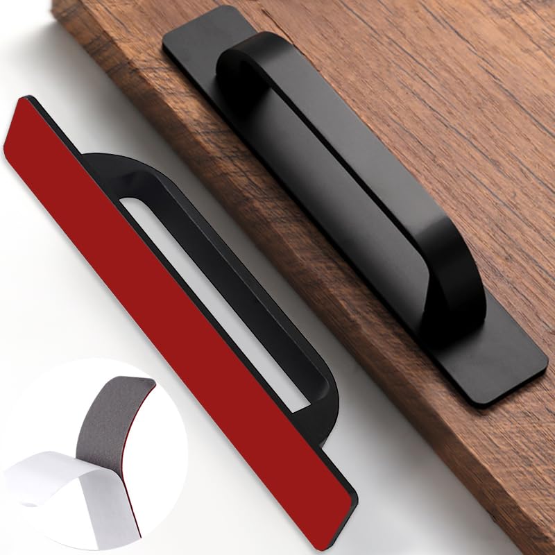 12 Pack 5 Inch 128 mm Self-Adhesive Matte Black Flat Cabinet Handles with Base Plate Aluminum Cabinet Pulls for Sliding Door Charcuterie Board Black Drawer Handles Drill&Punch Free - color: FlatBlack 3M, size: 5 Inch