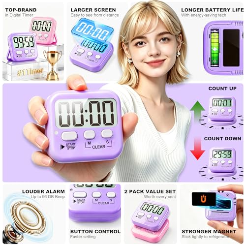 Antonki 2 Pack Digital Timer for Kids, Magnetic Countdown Kitchen Timers for Cooking, Egg, Classroom, Teacher, Exercise, Study, Oven - Battery Included - color: 2 * Pink + Purple