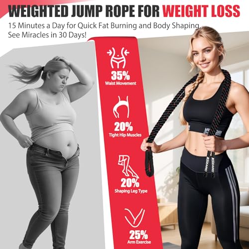 KUZARO Jump Rope, Weighted Jump Rope for Women, Heavy Jump Ropes for Fitness, Home Gym Exercise Equipment, Adult Skipping Rope for Improve Strength, Weight Loss, Boxing Training,Total Body Workout Equipment - color: black-5.5lbs