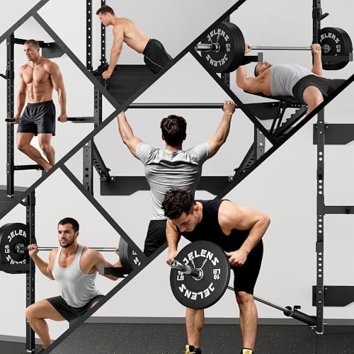 JELENS FS01 Folding Squat Rack, Wall Mounted Power Rack for Home Gym, Space Saving Multi-Functional Power Cage with More Attachments - color: Black, size: Weight Bench Package
