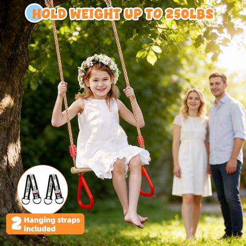 Trapeze Swing Bar for Kids, Wooden Swing Set Hanging Bar with Plastic Gym Rings, 2 Buckle Straps for Ninja Warrior Obstacle Course Trapeze Bar for Swing Set, Indoor & Outdoor Trapeze (Red) - color: Red