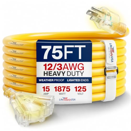 75ft Outdoor/Indoor Extension Cord 3-Outlet 12/3 Gauge Extra Heavy Duty 3 Prong SJTW, Waterproof, Flexible Cold-Resistant Long Power Cord,15A 125V 1875W, Yellow by LifeSupplyUSA - color: Yellow, size: 75FT