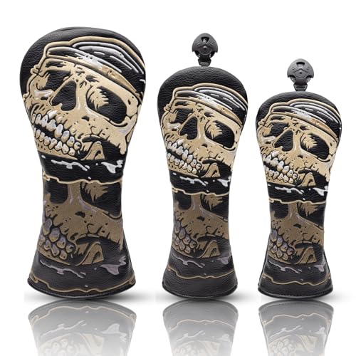 Golf Club Covers, Black Gold Skeleton Driver Covers Fairway Wood Headcover Hybrid Cover Leather Mallet Putter Covers Blade Headcovers Golf Head Covers with Magnetic Closure for Most Brand