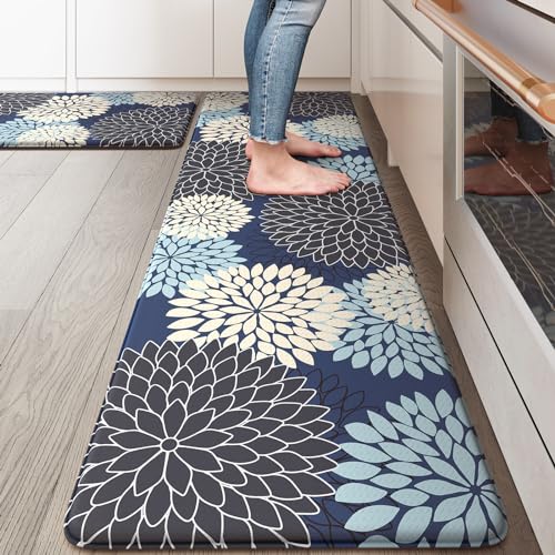 Anti Fatigue Kitchen Mats,Non Slip Farmhouse Kitchen Rugs Sets 2 Piece,Waterproof Dahlia Floral Kitchen Mat for Floor,Cushioned Standing Mat for Kitchen,Laundry,Sink,Desk,Mutil-Blue - color: Multi-blue, size: 17.3" x 59 "+ 17.3" x 29 "--0.47 inches
