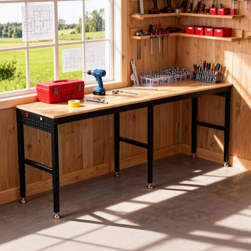 Betterhood 84" 2-in-1 Convertible Adjustable Workbench, L-Shaped & Extended 5000 LBS Heavy Duty Work Table with Power Outlets & Pegboard, Rubber Wood Workstation for Garage, Workshop - size: Rubber Pad/ Power Outlets/ 2 Pegboard/ 84"x20"x37"
