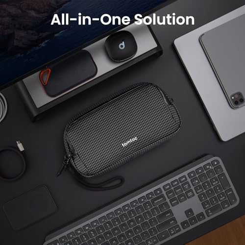 tomtoc Electronic Organizer Travel Case Performance, Water Resistant Dual Compartment Cable Organization Storage Bag for Charger, Cord, Phone, Hard Drive, Power Bank, Accessories Travel Essentials - color: Black Plaid, size: Medium
