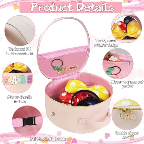 Translucent Mouse Ears Travel Case, Chenille Letter Headband Ears Holder Waterproof Hair Accessories Organizer Storage for Women Adults Gift Large Thicken Makeup Snack Bag for Park Travel - color: Pink