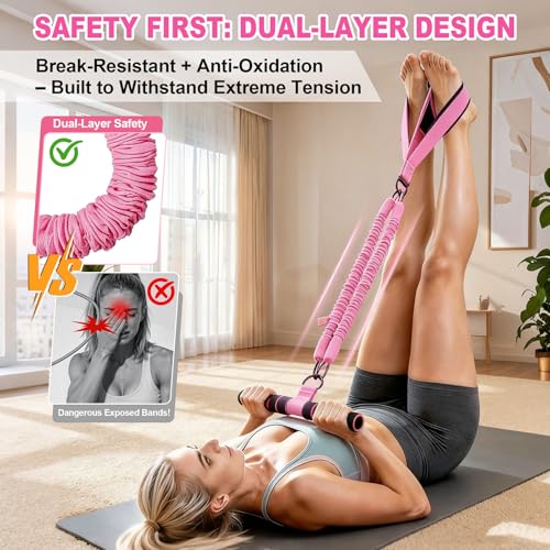 Foot Pedal Resistance Band with Handle, 3-Tube Multifunction Adjustable Yoga Elastic Exercise Bands, Home Workout Equipment for Women & Men to Abdomen, Waist, Arm, Core/ABS, Leg - color: Pink