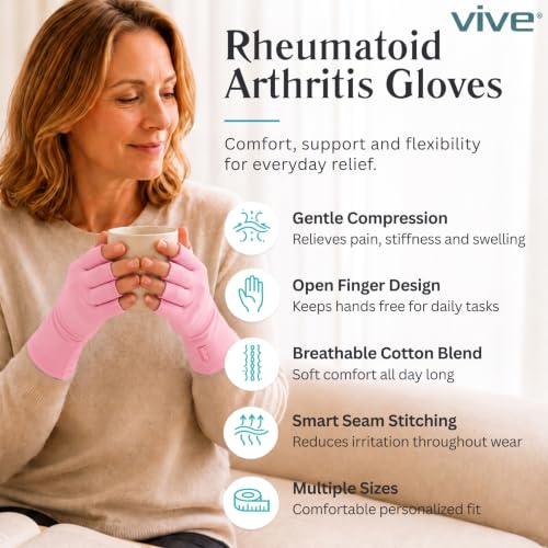 Vive Arthritis Gloves - Men, Women Rheumatoid Compression Hand Glove | Osteoarthritis- Arthritic Joint Pain Relief - Carpal Tunnel Wrist Support - Open Finger, Fingerless Thumb for Computer Typing - color: Pink, size: X-Small
