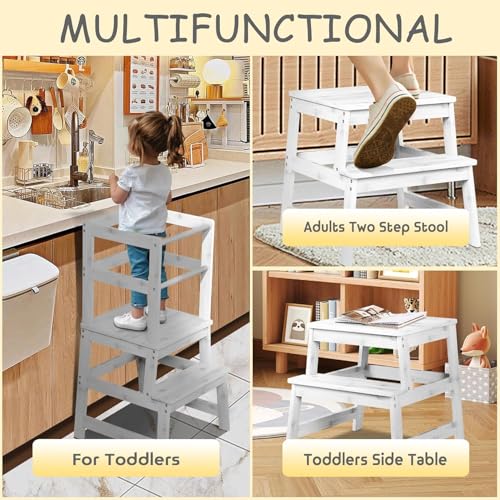 Elevon Kitchen Step Stool with Safety Rail, Multipurpose Standing Support Platform, Wooden Anti-Slip Step with Stable A-Frame Structure for Home Use, White - color: White