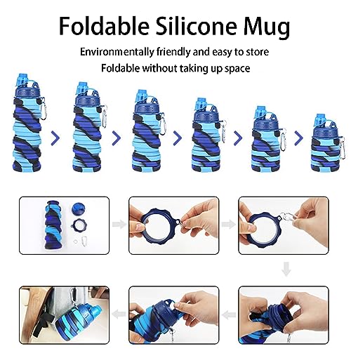 Collapsible Water Bottles Travel water bottle Sports Portable Sport Water Bottle Reusable Water Bottles comes with mountaineering Buckle 500ml silicone Water-proof camping water bottle - color: Blue+Purple, style: 2 pack