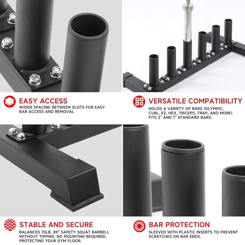 6-Bar Holder 2" Olympic Rack, Floor Stand for Home Gym | Holds Olympic, curl, trap, axle bars. Protective sleeves. 24 lbs. No wall mount. Easy assembly, fits small spaces.