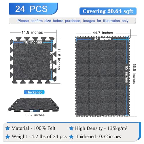 BXI Soundproof Interlocking Rug Pad 24 Pcs, 11x 11 x 0.32 inches Non Slip Rug Pads, High Density Noise Reduction Puzzle Felt Carpet Padding, Rug Mat Protects and Adds Cushion for Hardwood Floor - size: 24 Pcs