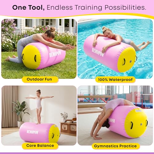 Inflatable Gymnastics Air Barrel Roller with Electric Pump, Heavy Duty PVC Tumbling Barrel Back Handspring Trainer, Air Tumble Track Mat for Home Gym, Cheerleading, Yoga Practice - color: Pastel Pink & Soft Yellow, size: 3.3'L x 2'D