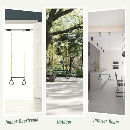RedSwing Trapeze Swing Bar with Triangular Gymnastic Rings, Kids Swingset Heavy Duty Coated Chains with Carabiners, Outdoor Swing Play Playground Accessories, Green and Yellow - color: Green Yellow