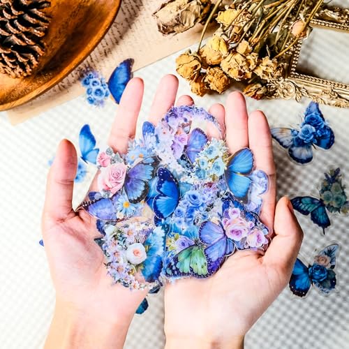 56PCS Butterfly Stickers Aesthetic PET Transparent Stickers Blue Flower Butterfly Decals Waterproof Decorative Decals for Scrapbook Journal Planner Water Bottles Phone Cases Laptops - color: Butterfly