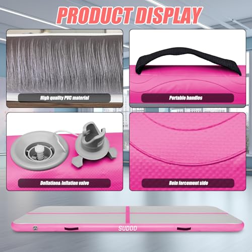SUDOO Gymnastics Air Mat 10ft/13ft/16ft Inflatable Air Tumble Track Mat 4" Thick Tumbling Mat With Pump or No Pump for Training Tumble Yoga Cheerleading Parkour Beach Water Activities Home Use - color: Pink, size: 16ft*3.3ft*4in (5*1*0.1m)