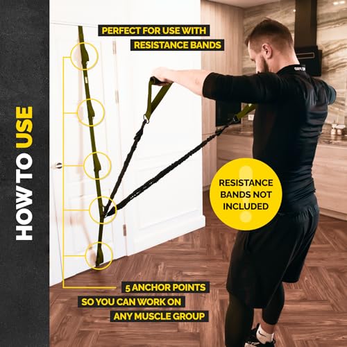 Door Anchor Strap for Resistance Bands with 5 Loops and Metal D-Rings | Fits most doors and resistance bands, 5 anchor points, reinforced nylon, tool-free setup, full-body workout versatility - color: Green Door Strap