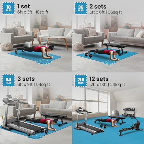 bemaxx Gym Mats Set - 18 pcs EVA Interlocking Foam Floor Tiles (12.6"x12.6"x0.4") 18sqft Protective Gym Flooring Sports Home Workout Exercise Mats Puzzle Garage Fitness Play-Room Pool Treadmill Bike - color: Sky Blue, size: 18 Tiles | 18 sq ft