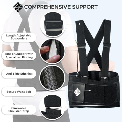 Lower Back Brace with Suspenders | Back Support Belt for Men & Women | Adjustable Work Back Brace for Moving Construction Warehouse Heavy Lifting & other Industrial Activities Safety & Protection XL - size: X-Large