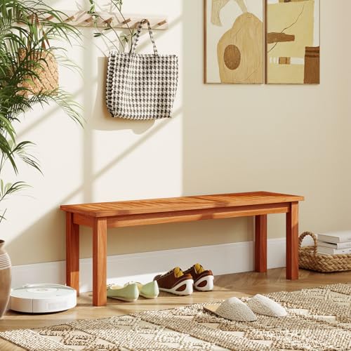 Tangkula Outdoor Wood Bench, 2-Person Backless Patio Garden Bench with Slatted Seat, Front Porch Dining Seating Furniture for Deck, Yard and Park (1) - size: 45"