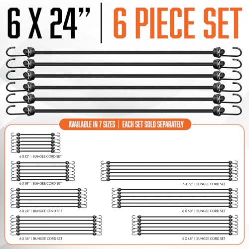 Bungee Cords with Hooks 24 Inch - 6 Pack Heavy Duty Outdoor Black Bungie Straps with Carabiner Hooks 200 LB Break Strength - UV & Weather Resistant Bungy Cords Set - size: 6x24" - 6 Piece 2 ft